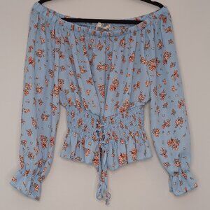 Women's No Comment Blue Floral Daisy Duke Southern Country Off Shoulder Sz Large